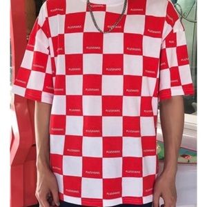 - Unique oversized red and white checkered plaid shirt